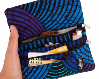 Tabaquera de Tela Africana con Doble Cremallera  - Cartera para Tabaco de Liar, Papel, Filtros, Mechero, Tarjetas y Dinero 'AFRICAN WAVES'