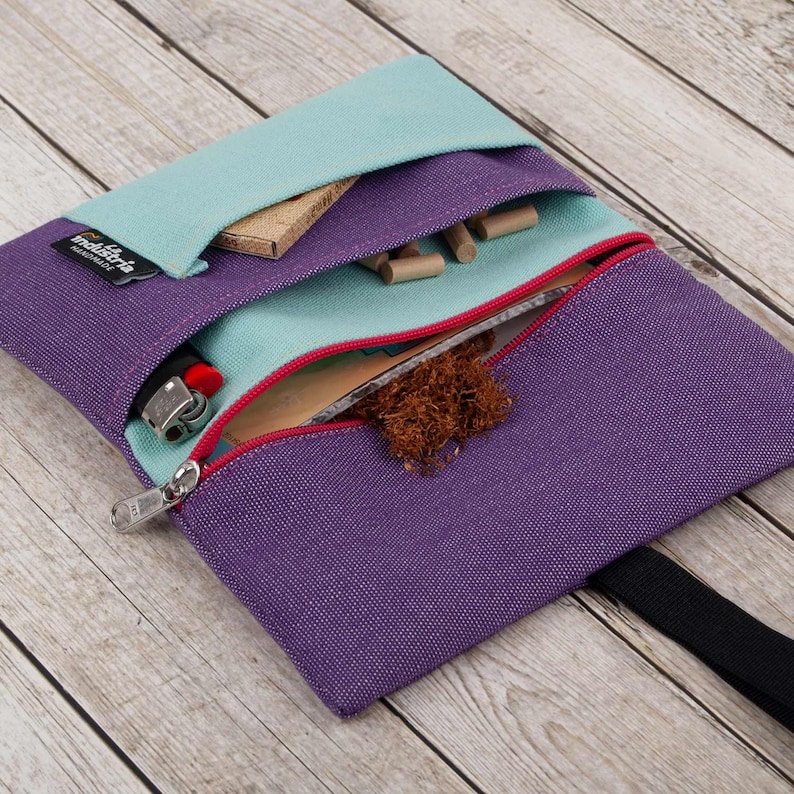 Water-resistant tobacco pouch LILAC ROLLER Colourful Hand rolling tobacco pouch with compartments for filter tips, rolling paper & lighter image 2