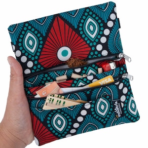 Tabaquera Cartera Estampado Africano – Pitillera con Doble Cremallera para Tabaco de Liar, Papel, Filtros, Mechero, Tarjetas y Dinero WAX