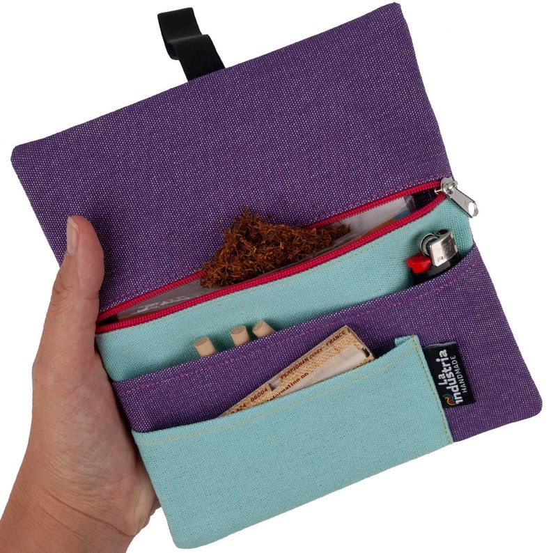 Water-repellent tobacco pouch 'Vulcano' Unisex Hand rolling tobacco pouch with compartments for filter tips, rolling paper & lighter Lilac Roller