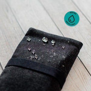 May include: A black fabric pouch with a black strap and water droplets on the surface. The pouch is water repellent, as indicated by the circular icon with the text "WATER REPELLENT" and a water droplet.