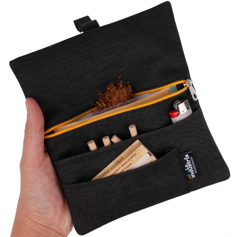 Water-repellent tobacco pouch 'Vulcano' Unisex Hand rolling tobacco pouch with compartments for filter tips, rolling paper & lighter Yellow Zip