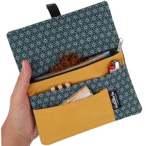 Rolling Tobacco Pouch with a Japanese pattern, 100% Organic cotton tobacco Case with compartments for filter tips, papers and lighter image 2