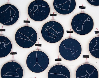 Zodiac Constellation embroidery hoop art - Zodiac Star Sign wall hanging art, Home decor, Newborn birthday gift - Glow in the dark