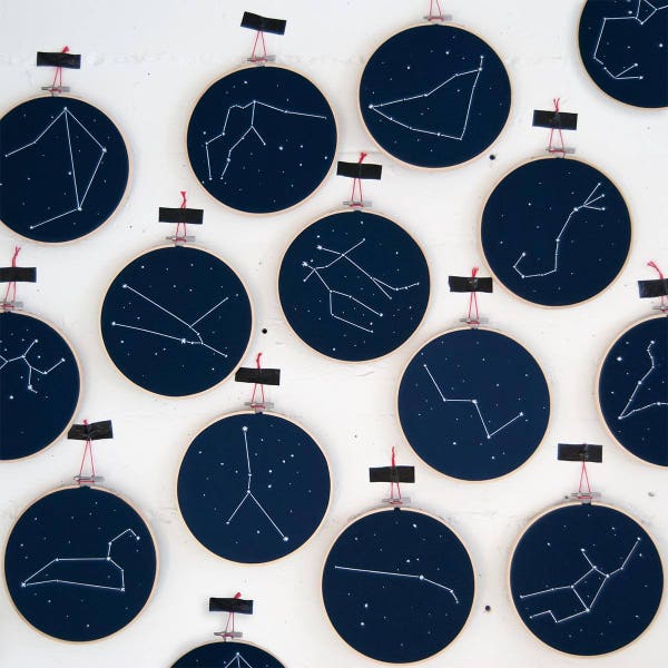 Zodiac Constellation embroidery hoop art - Zodiac Star Sign wall hanging art, Home decor, Newborn birthday gift - Glow in the dark