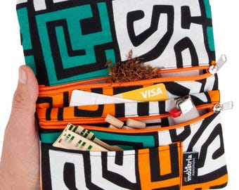 Tabaquera Cartera Estampado Africano – Pitillera con Doble Cremallera para Tabaco de Liar, Papel, Filtros, Mechero, Tarjetas y Dinero BLOCKS