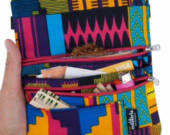 Tabaquera Cartera Estampado Africano – Pitillera con Doble Cremallera para Tabaco de Liar, Papel, Filtros, Mechero, Tarjetas y Dinero GHANA
