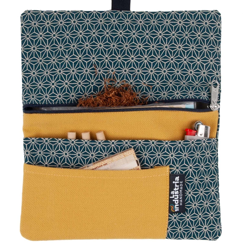 Rolling Tobacco Pouch with a Japanese pattern, 100% Organic cotton tobacco Case with compartments for filter tips, papers and lighter image 4