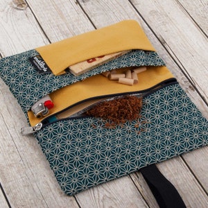 Rolling Tobacco Pouch with a Japanese pattern, 100% Organic cotton tobacco Case with compartments for filter tips, papers and lighter image 6