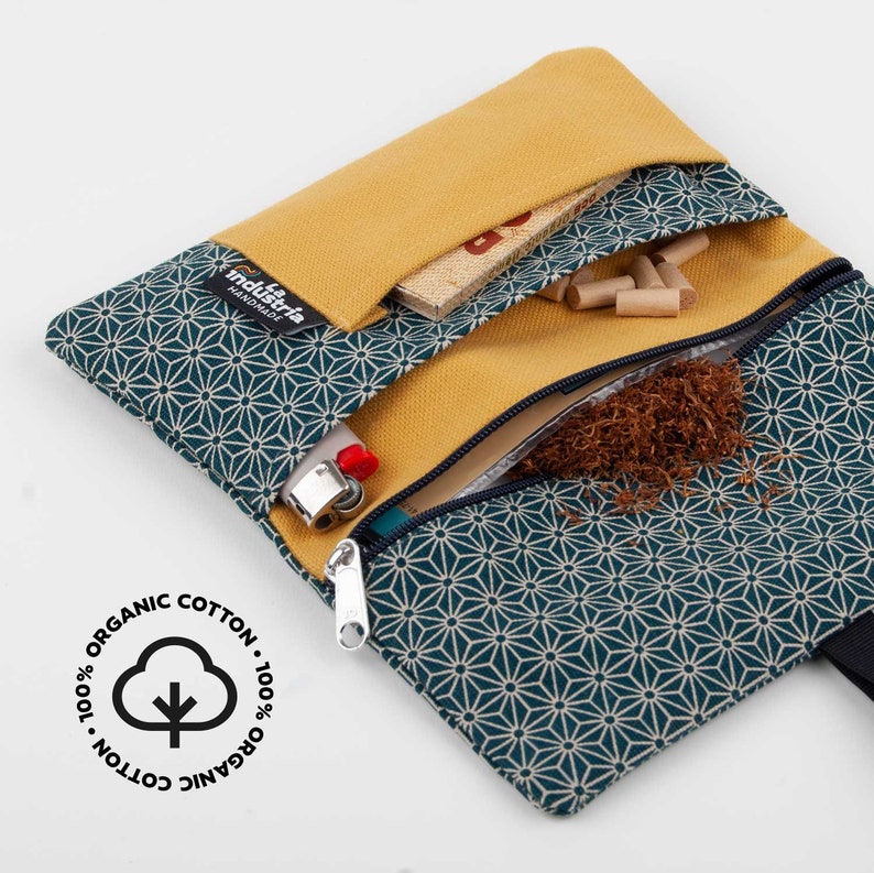 Rolling Tobacco Pouch with a Japanese pattern, 100% Organic cotton tobacco Case with compartments for filter tips, papers and lighter imagem 3
