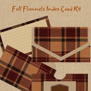 Könnte beinhalten: Ein Indexkarten-Set im Herbst-Design mit einem Karomuster in Braun-, Beige- und Schwarztönen. Das Set enthält Indexkarten, Karteikarten, Registerkarten und ein Umschlagfolio. Der Text "Fall Flannels Index Card Kit" steht oben.