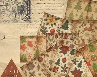 May include: A collection of eight vintage-style journal pages with Christmas-themed designs. The pages feature illustrations of Christmas trees, reindeer, gingerbread men, and poinsettias. Each page measures 11 x 8.5 inches.