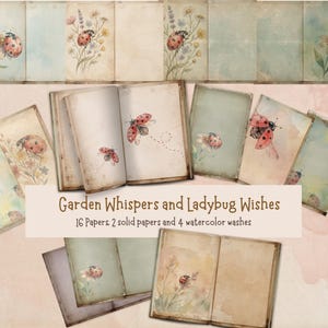 Pode incluir: Uma coleção de papéis e diários em estilo vintage com ilustrações em aquarela de joaninhas e flores. Os papéis têm um aspeto envelhecido com fundos pastel suaves. O texto "Garden Whispers and Ladybug Wishes" é exibido.