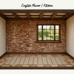 May include: A rectangular area rug with a beige base and thin dark blue vertical stripes, featuring short fringe on both ends. The rug is placed on a tiled floor in a room with an exposed red brick wall, wooden ceiling beams, and a window.