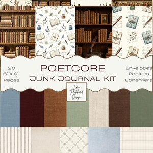 May include: A junk journal kit featuring 20 pages measuring 15.24 cm by 22.86 cm, including envelopes, pockets, and ephemera. The design displays patterns of bookshelves, ink bottles, quills, letters, and flowers, alongside solid colour and grid textures.