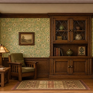 May include: A miniature room scene featuring a wooden armchair with green upholstery, a side table with a lamp, and a large built-in wooden cabinet with glass doors. The walls have floral wallpaper and wood wainscoting, with a patterned area rug.