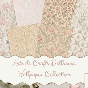 Puede incluir: Una colección de muestras de papel pintado para casas de muñecas Arts & Crafts con varios diseños florales y estampados. La paleta de colores incluye rosas suaves, verdes y cremas. La imagen también incluye una bobina de hilo, una cinta y un dedal.