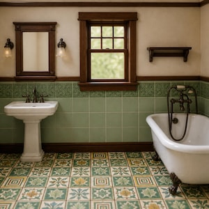 Op de afbeelding: Een miniatuur badkamer met een witte wastafel op een voet, een wit bad op pootjes met bronzen kranen en een wandspiegel met twee wandlampen. De kamer heeft groene tegels, donkere houten afwerkingen en een vloer met een patroon van bladeren.