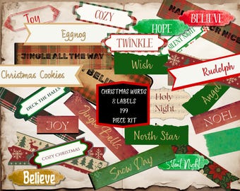 Christmas Words & Labels Printables | 245 Piece kit | Junk Journal Ephemera, Tags, Cards, Collage, Scrapbooking Labels