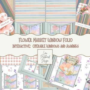 Może przedstawiać: Zestaw Flower Market Window Folio z interaktywnymi oknami i markizami. Projekt zawiera pastelowe wzory w paski, ilustracje kwiatowe, akcenty w kratkę gingham oraz etykiety z napisami Flower Market i Lori Pritchard Design.