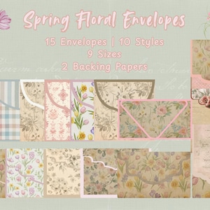 May include: A collection of spring floral envelopes in various styles and sizes. The image displays 15 envelopes with 10 different styles and 9 sizes, featuring floral patterns and pastel colors. The text "Spring Floral Envelopes" is at the top.