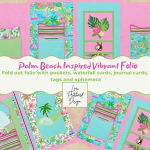 May include: A colourful, Palm Beach-inspired folio with pockets, waterfall cards, journal cards, tags, and ephemera. The design features tropical patterns with sailboats, palm trees, and floral accents in pink, green, and blue. The text reads "Palm Beach Inspired Vibrant Folio".