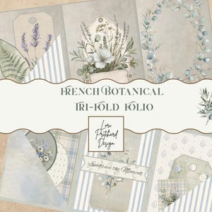 Può includere: Un folio a tre ante con illustrazioni botaniche di lavanda, eucalipto e fiori di campo in tenui tonalità di blu e verde. Il design include motivi a righe, etichette regalo e il testo "FRENCH BOTANICAL TRI-FOLD FOLIO" e "Embrace the Moment".