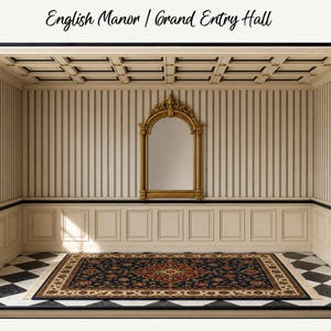 May include: An English Manor Grand Entry Hall interior featuring a gold arched mirror on striped wallpaper above cream wainscoting. The floor has a black and white checkered pattern with a large rectangular rug in navy blue, red, and gold tones.