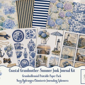 May include: A collection of printable papers and ephemera featuring blue and white hydrangea patterns, nautical motifs, lighthouses, and chinoiserie designs. The set includes striped papers, floral prints, and vintage-style postcards with text.