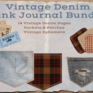 Może przedstawiać: Cyfrowy pakiet dziennika śmieciowego z tekstem "Vintage Denim Junk Journal Bundle". Obraz zawiera dżinsowe kieszenie, naszywki i zabytkowe efemerydy, takie jak bilety na rodeo i wydarzenia. Zestaw zawiera 14 stron z dżinsu w stylu vintage.