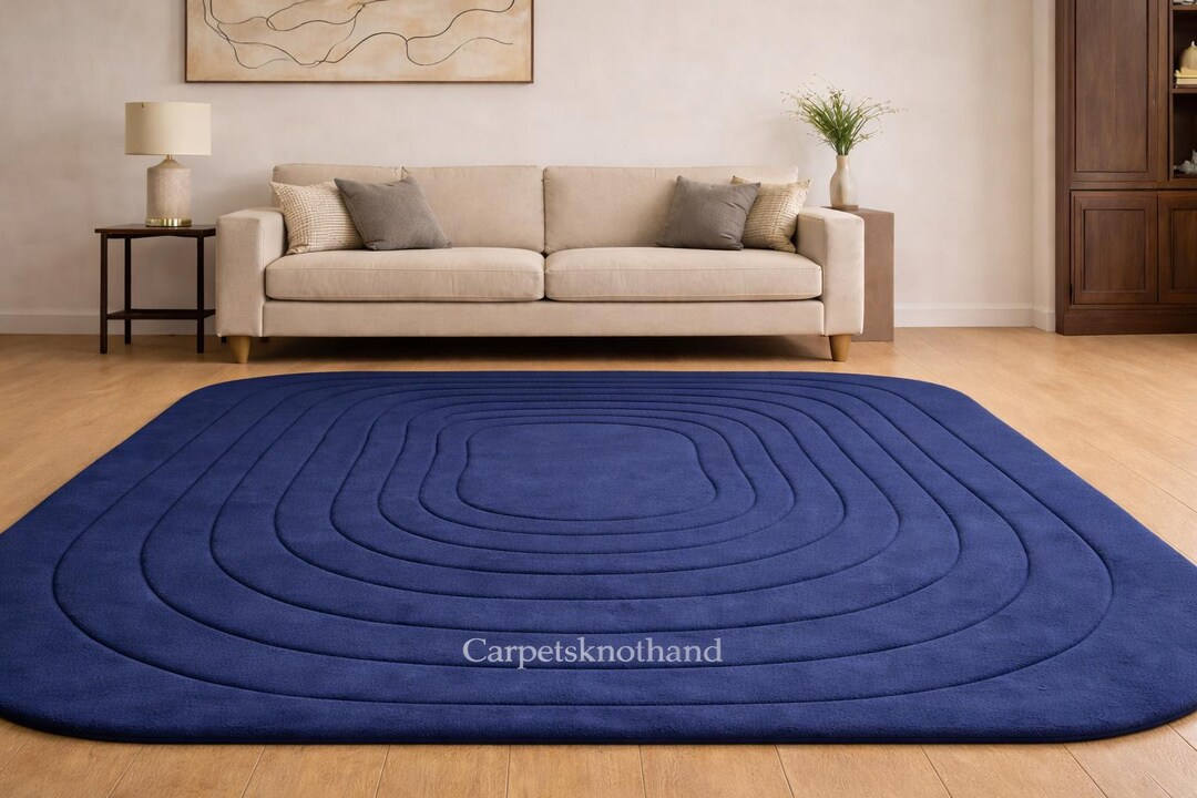 Abstract Blue Rug Pattern Hand Tufted Blue Area Rug: Modern Abstract Curved Pattern - Etsy