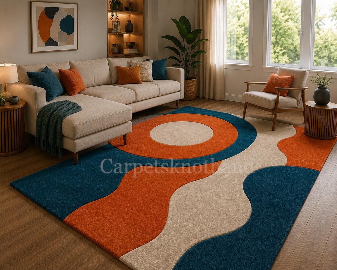 Mid Century Abstract Curve Wool Rug – Retro Hand Tufted Modern Area ...