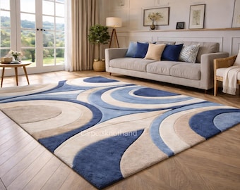 Alfombra abstracta moderna de lana de lujo para sala de estar, hecha a mano, en azul y beige, de 1,8 x 2,4 m, 2,4 x 3,5 m y 2,7 x 3,6 m.