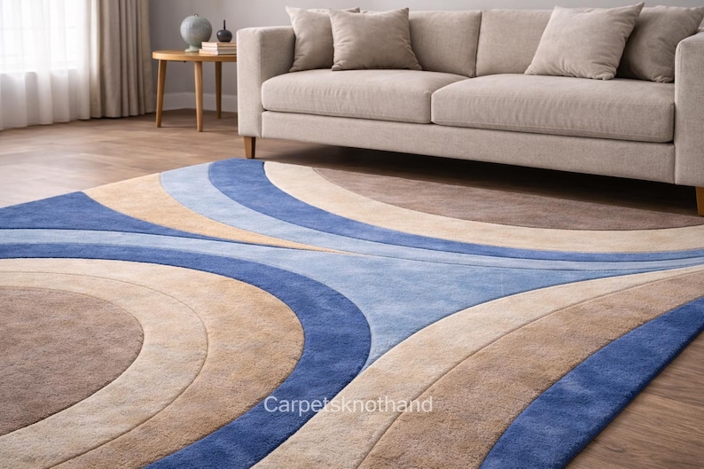 Modern Abstract Blue & Beige Hand Tufted Carpet | 6x9, 8x10 , 9x12 Ft ...