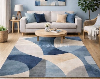 Alfombra abstracta moderna con mechones hechos a mano, azul y beige, 1,8 x 2,4 x 3,5 m, para sala de estar.