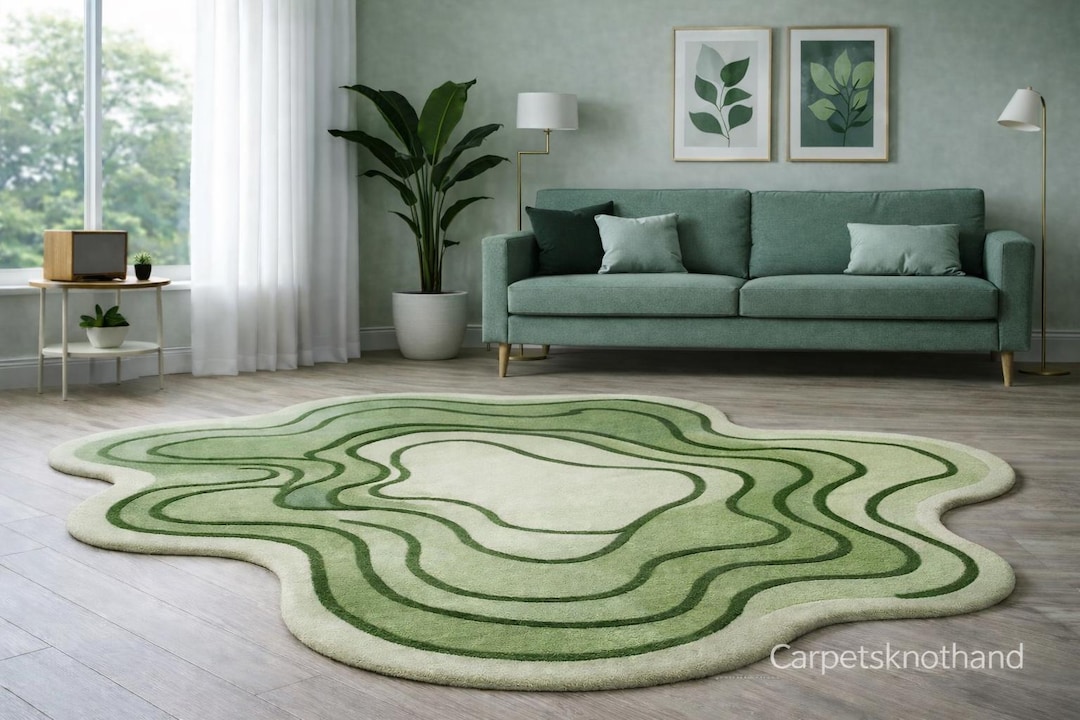 Handcrafted Green Area Rug: Abstract Wavy Pattern, Organic Shape - Etsy