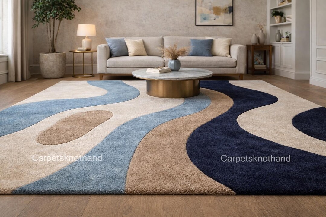 Hand Tufted Wool Abstract Blue Wave Rug – Contemporary Artistic Area ...