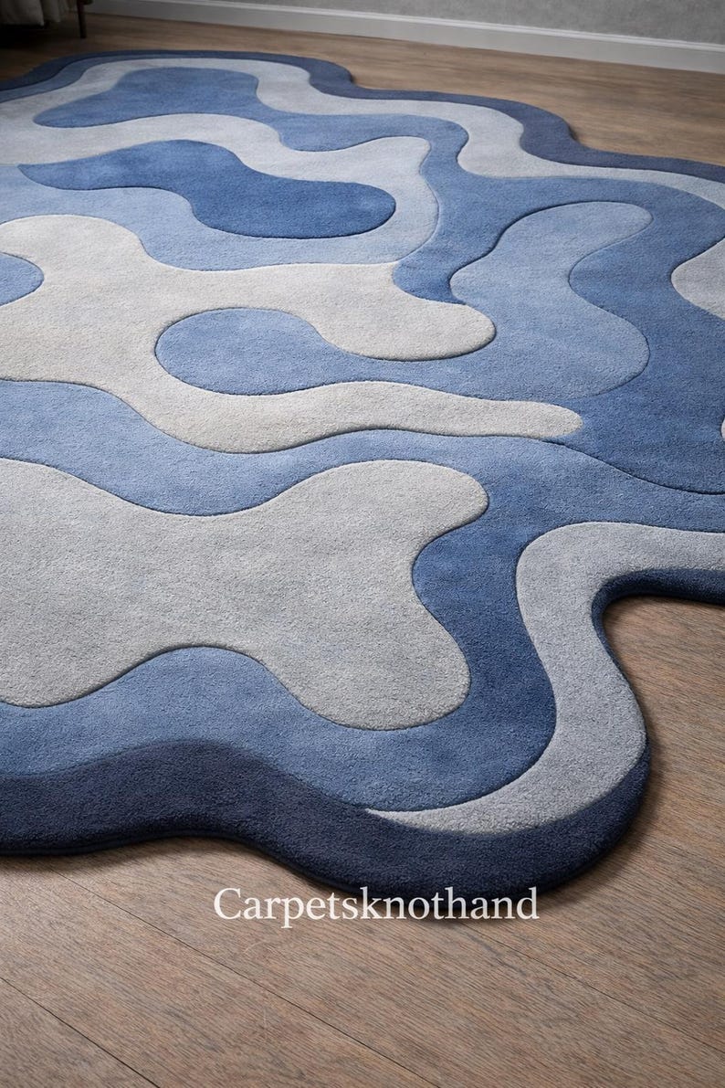 Blue Abstract Area Rug, Irregular Wavy Handmade Carpet - Etsy
