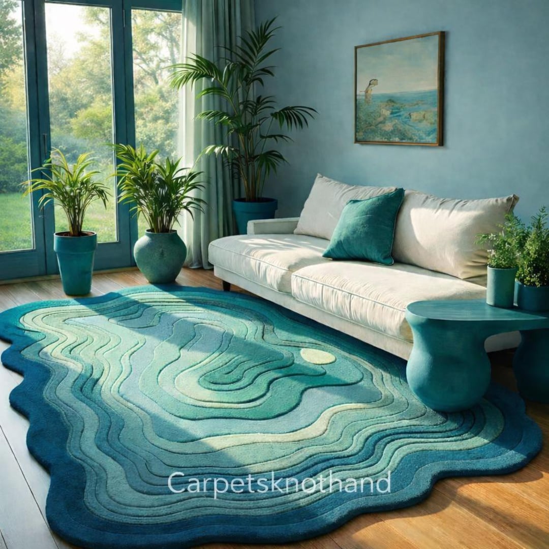 Teal Blue Hand Tufted Area Rug | Modern Abstract Sculpted Carpet - Etsy
