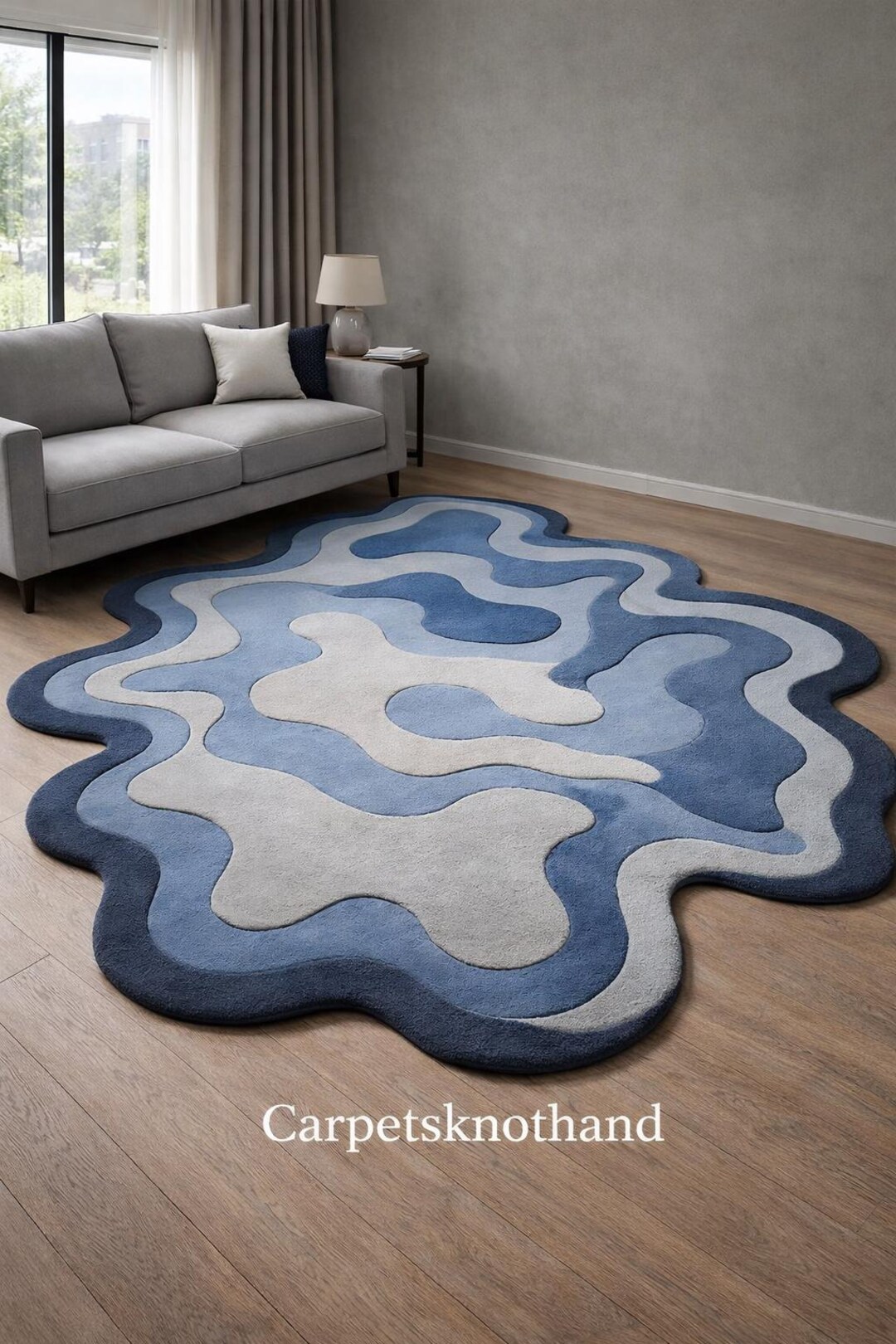 Blue Abstract Area Rug, Irregular Wavy Handmade Carpet - Etsy