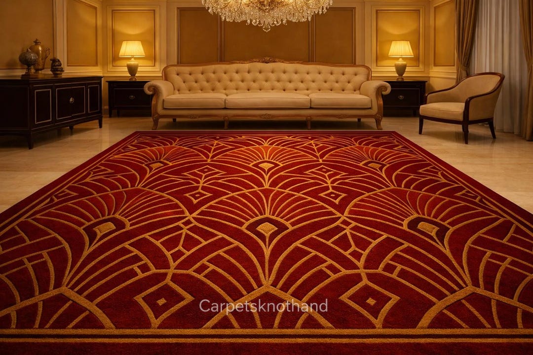 Royal Art Deco Red & Gold Hand Tufted Carpet | Luxury Statement Rug ...
