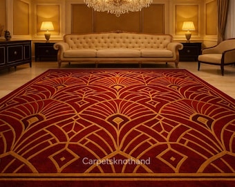 Royal Art Deco Red & Gold Hand Tufted Carpet | Luxury Statement Rug with Imperial Fan Pattern for Elegant Interiors