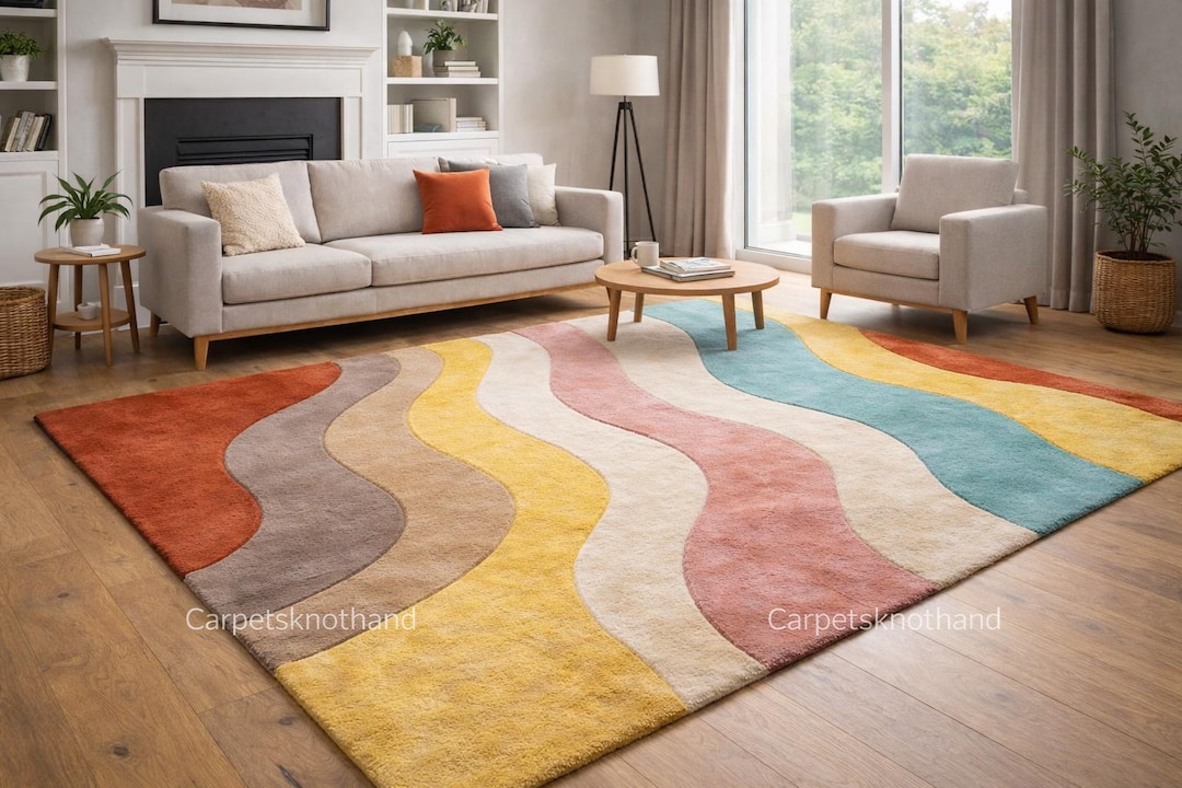 Hand Tufted Wool Rug Colorful Wave Pattern Area Rug Contemporary Living ...