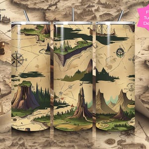 Envoltura para vaso con mapa de aventuras fantásticas: PNG sin costuras estilo pirata vintage con montañas, islas y brújula para sublimación