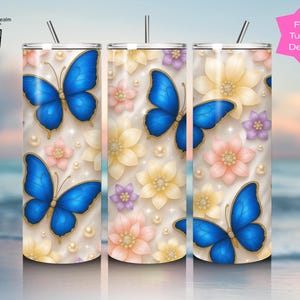 Motivo a farfalla e fiore di lusso senza soluzione di continuità - Farfalla blu e oro, carta digitale floreale pastello, carta da regalo elegante stampabile