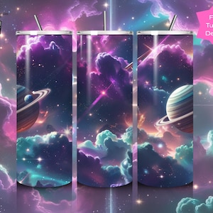 Galaxy Saturn Tumbler Wrap – Cosmic Space Clouds & Planets – 20oz Sublimation PNG Digital Download