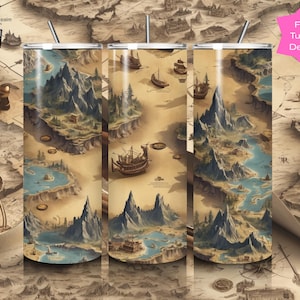 Fantasy Treasure Map Tumbler Wrap PNG – Pirate Vintage Seamless Map with Ships, Mountains, Medieval Coastline for Sublimation