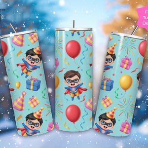 Patrón de superhéroe de Año Nuevo sin costuras: papel digital de dibujos animados kawaii, papel para envolver vasos, papel de regalo imprimible para fiestas infantiles