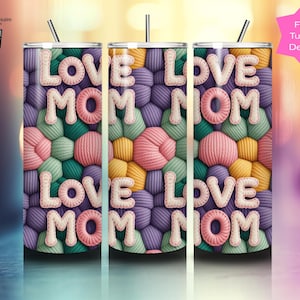 LOVE MOM - Motivo all'uncinetto senza cuciture - Sfondo trapunta esagonale in filato pastello - Carta digitale per la festa della mamma, trama in filato 3D, avvolgente per bicchiere PNG