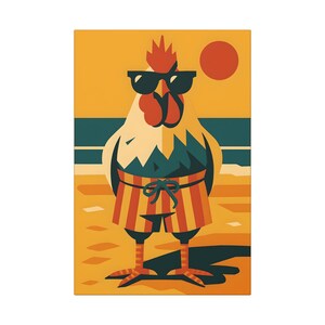 Funky Rooster CANVAS print, Chicken at the beach, Modern wall art, Retro wall art, colorful home decor, chicken art